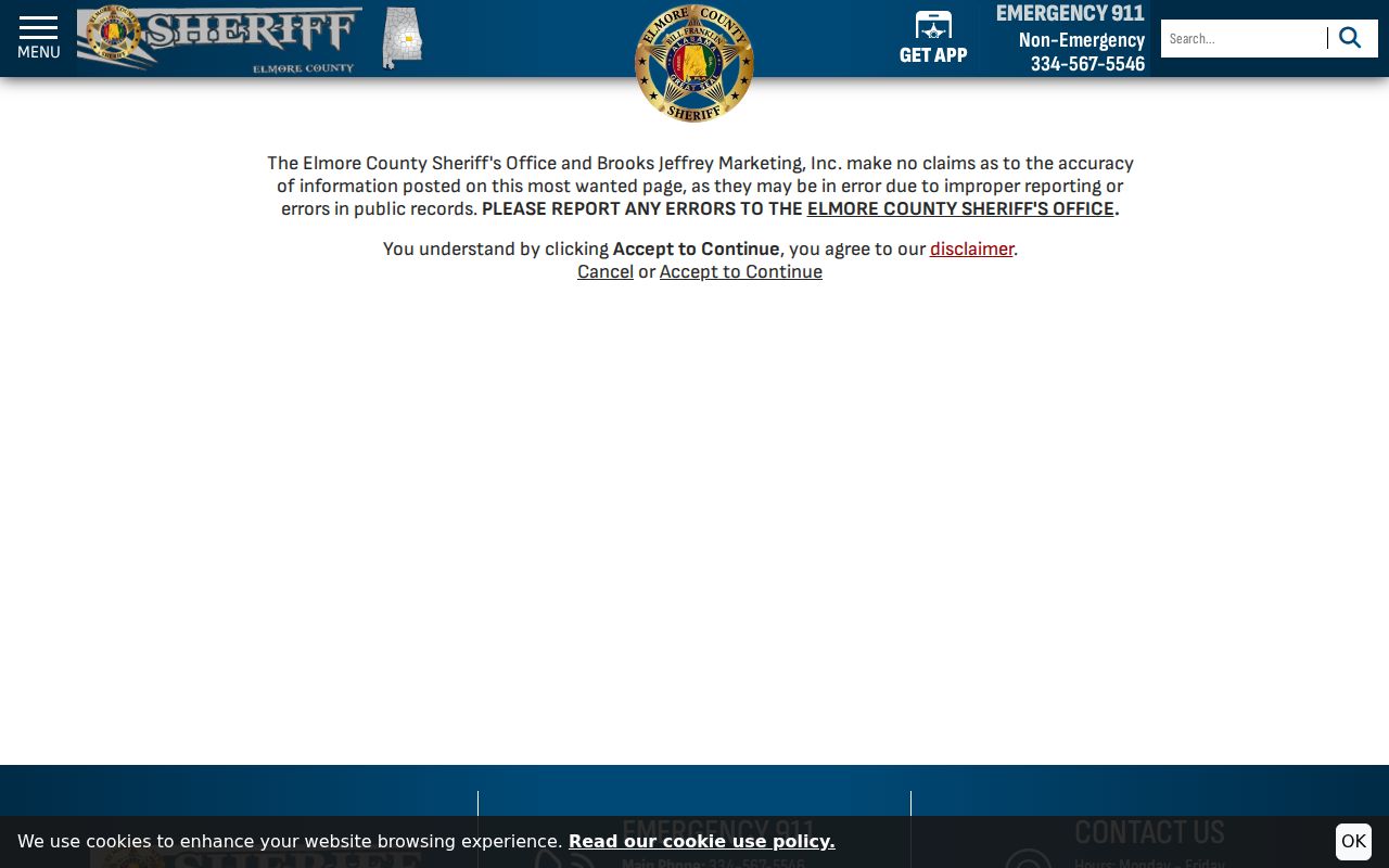 Elmore County Most Wanted accuracy and reliance disclaimer panel